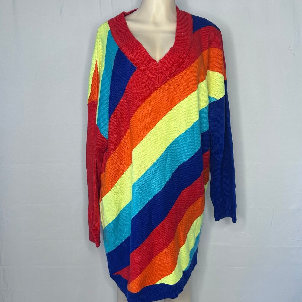 Rainbow Striped Sweater Dress Oversized V Neck Knit Tunic winter pride M/L
